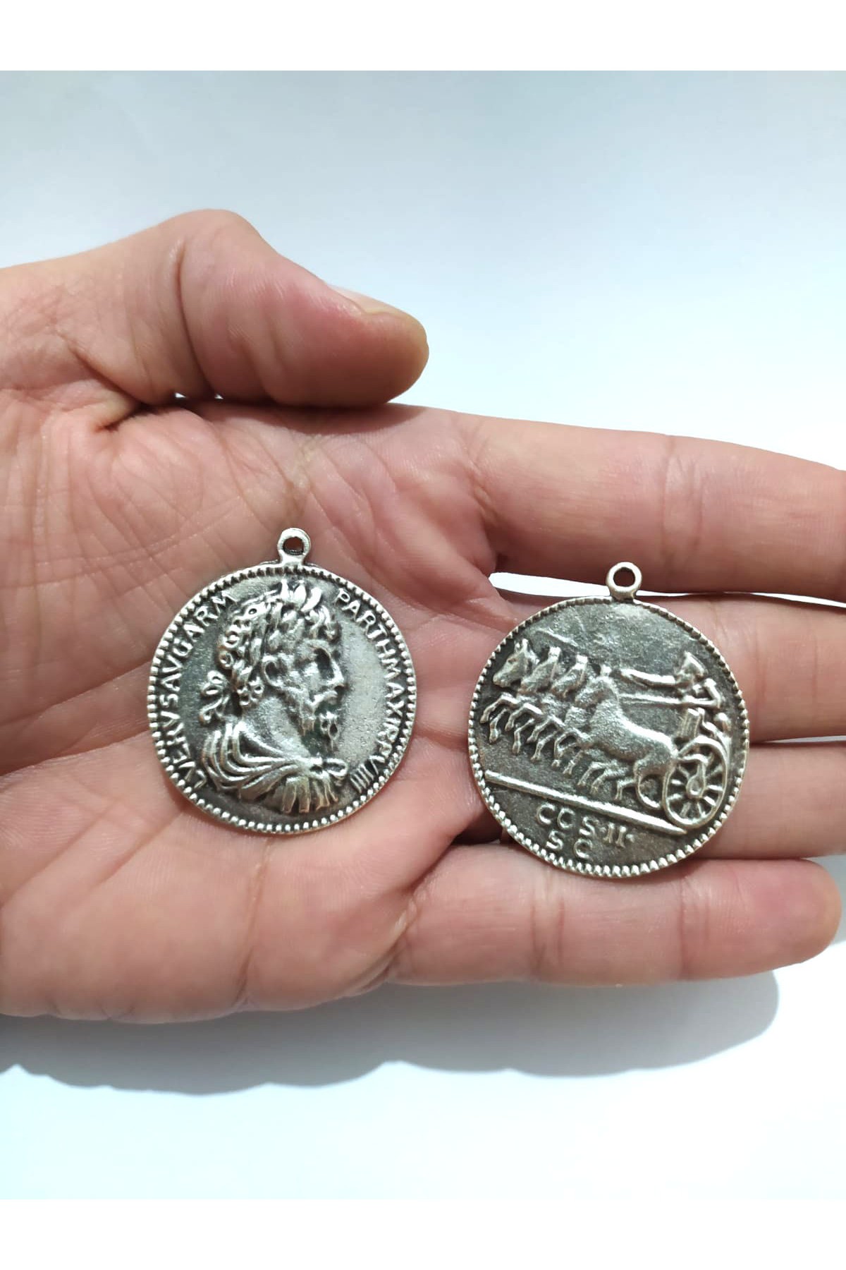 Takı Yapımı için 2 Adet Eski Roma Para Gümüş Kaplama Otantik Kolye Bileklik Küpe Halhal Ucu